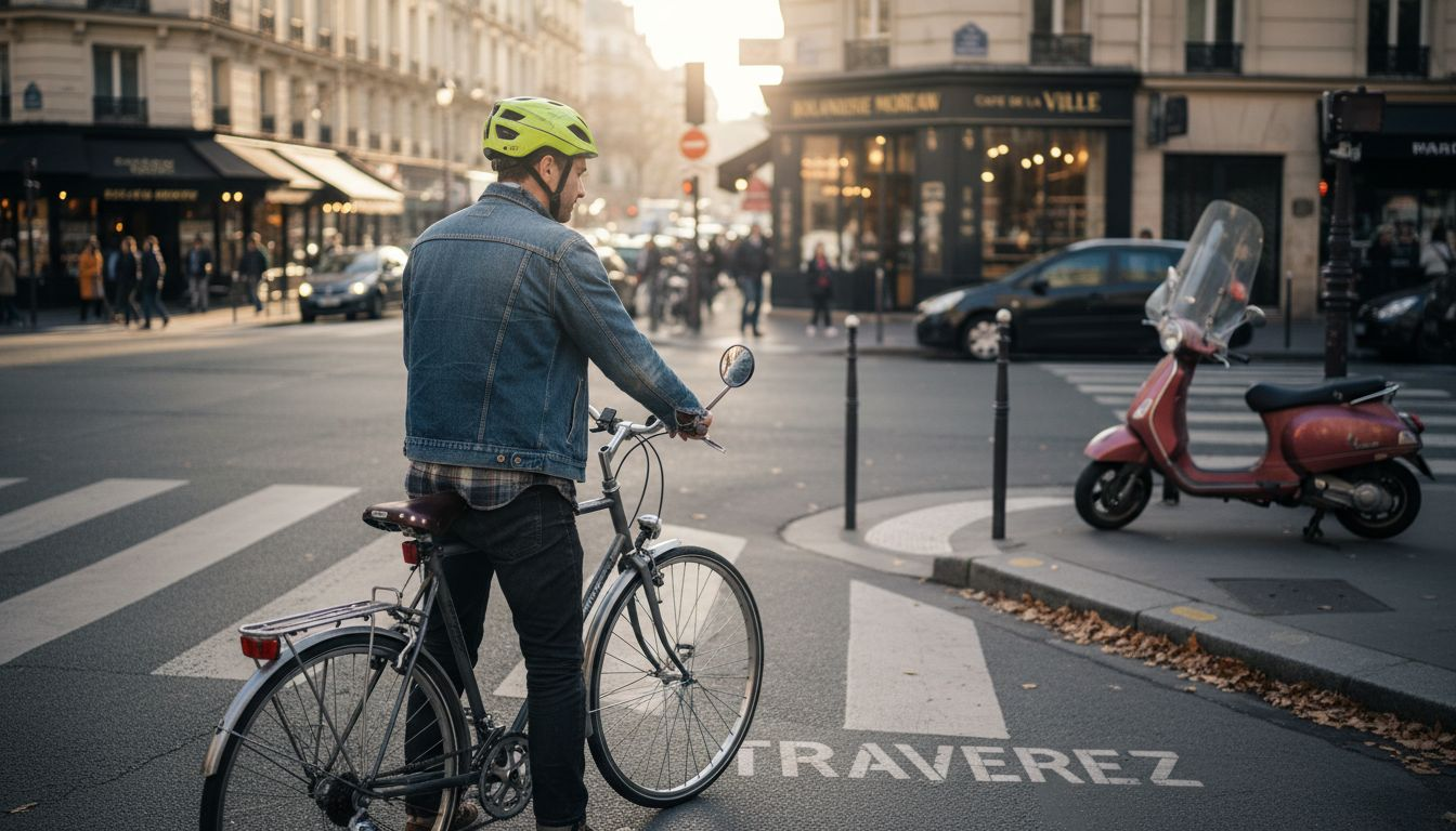 Un cycliste règle son rétroviseur sur son vélo en pleine ville.