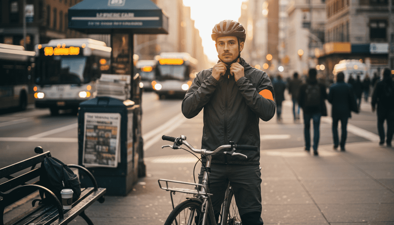 Urban cyclist adjusting helmet at city intersection