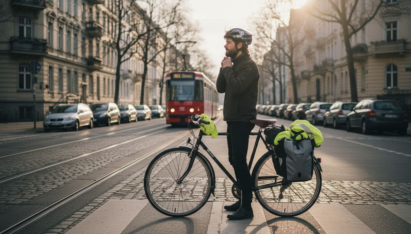 Urban cyclist adjusting helmet on city street