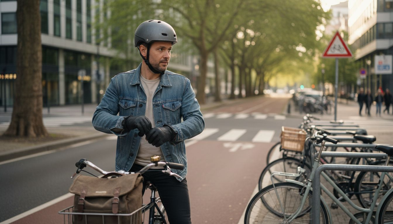 Un cycliste, casque sur la tête, serre soigneusement ses gants avant de prendre la route.