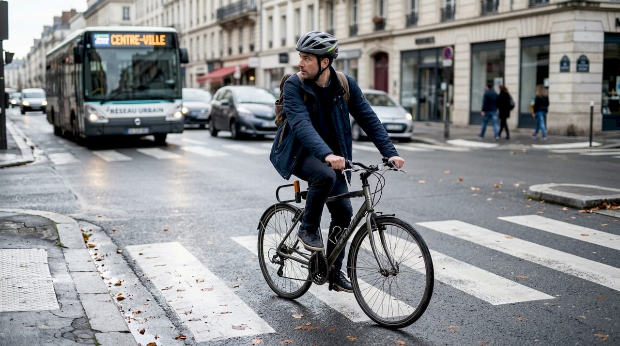 Un cycliste en ville, casque sur la tête, traverse la rue.