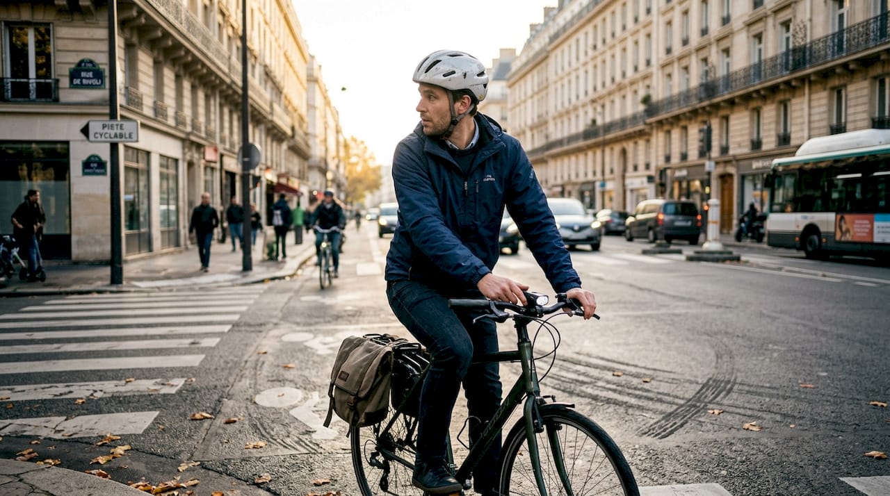 Un cycliste urbain attend au feu rouge, tôt le matin, au carrefour.