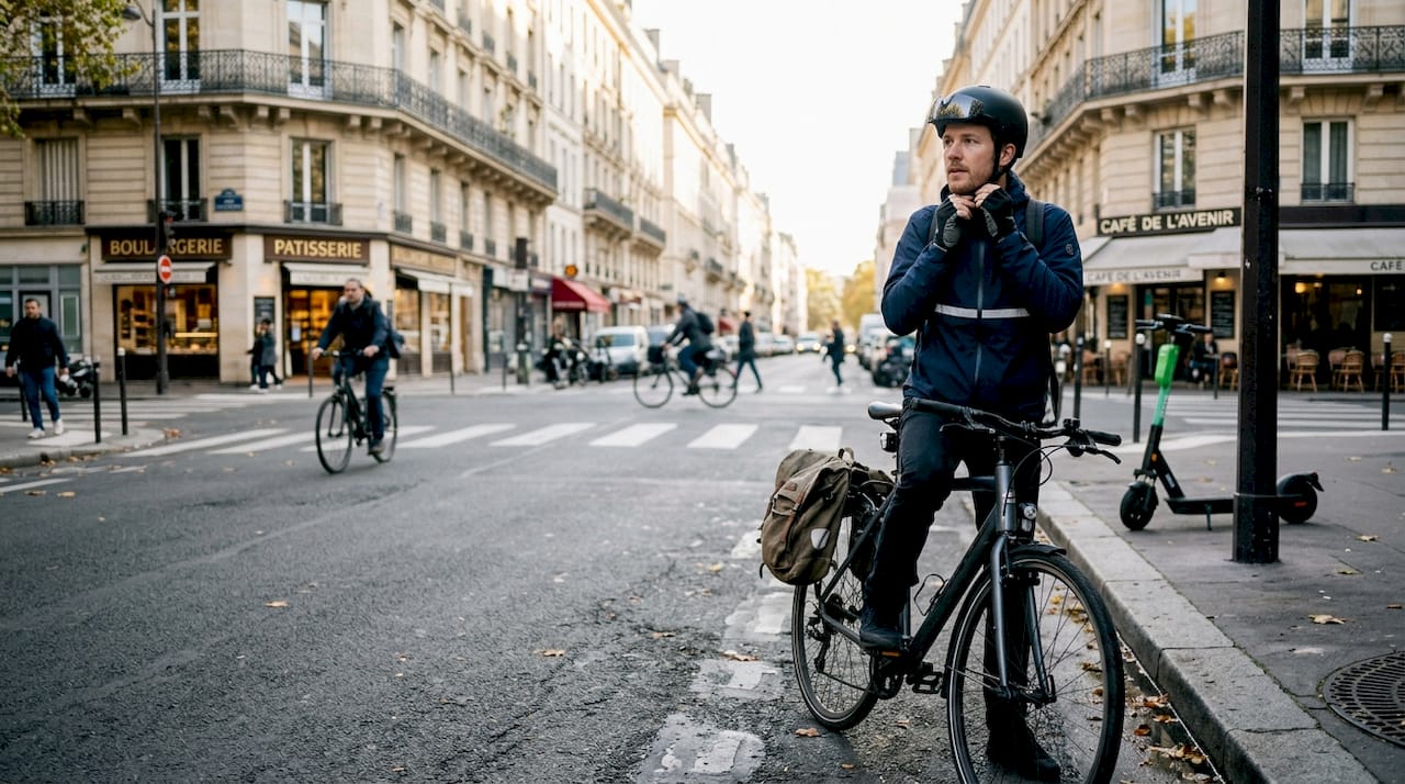 Un cycliste urbain ajuste son casque réfléchissant en pleine ville.