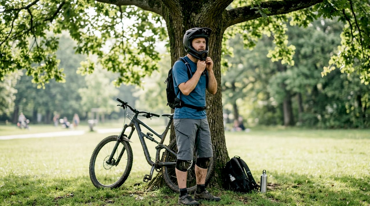 Un cycliste règle son casque intégral avant de s’élancer dans un parc en pleine ville.