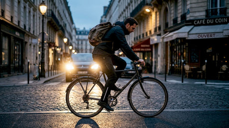 Un cycliste équipé d'accessoires réfléchissants circule en ville.