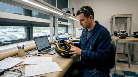 Technician evaluating helmet safety in lab