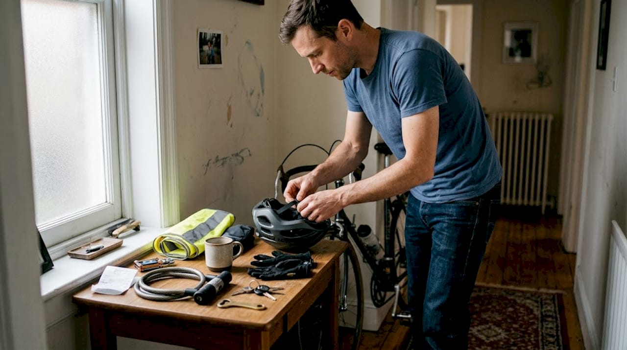 Avant de sortir, un cycliste prend le temps de vérifier et d’enfiler son équipement de sécurité à l’intérieur.