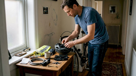 Avant de sortir, un cycliste prend le temps de vérifier et d’enfiler son équipement de sécurité à l’intérieur.