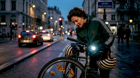Un cycliste s’assure que ses lumières fonctionnent avant de prendre la route en ville à la tombée de la nuit.