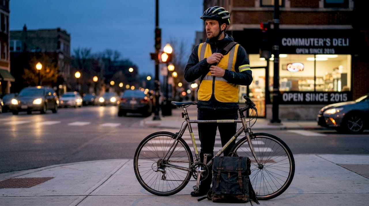 Urban cyclist adjusting reflective cycling gear