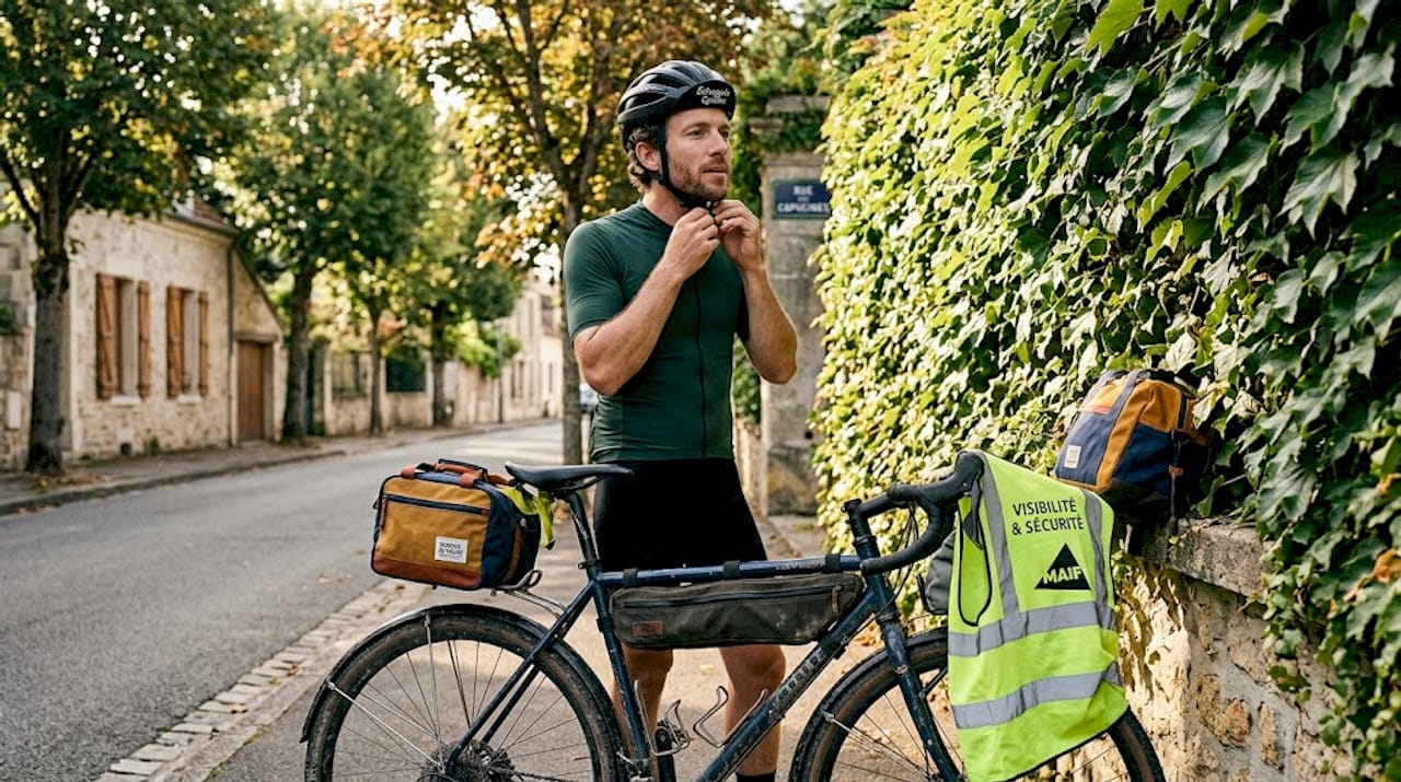 Un cycliste ajuste son casque avant de prendre la route, dans une rue paisible du centre-ville.