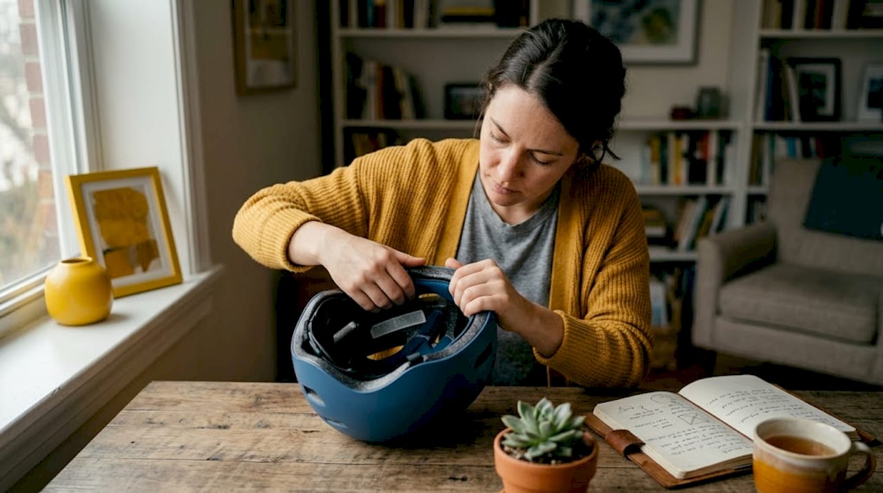 Woman inspecting bike helmet for damage at kitchen table