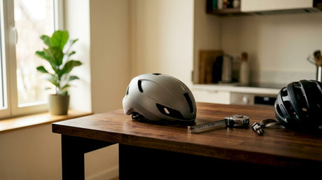Casque de vélo à coque monobloc posé sur une table en studio