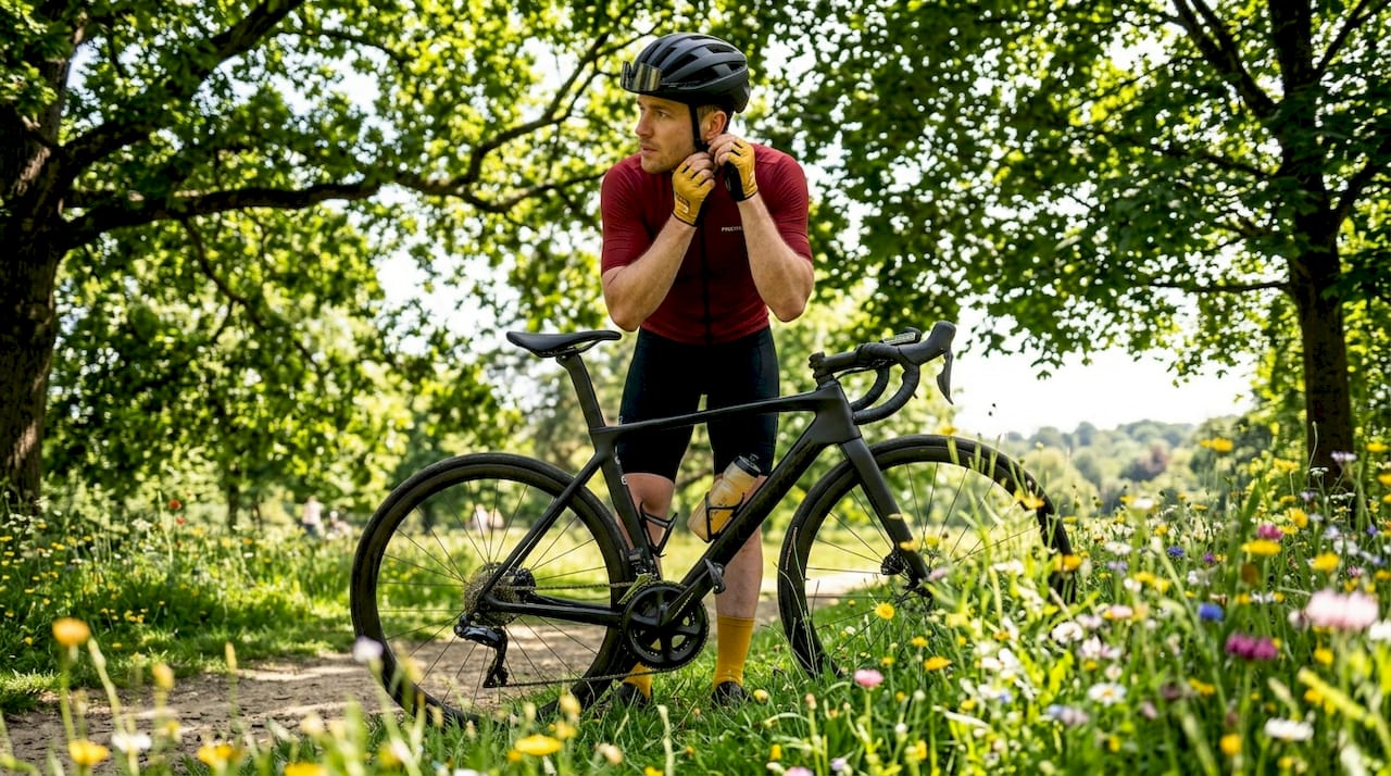 Cyclist adjusting adaptive helmet outdoors