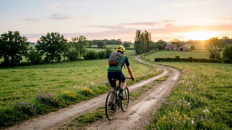 Un cyclotouriste bien équipé pédale tranquillement sur une piste cyclable au petit matin.
