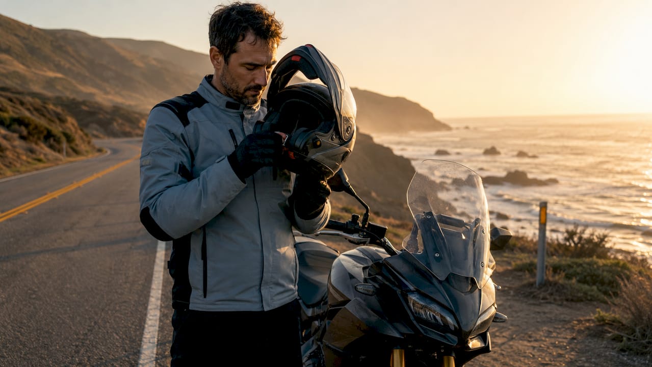 Man wearing modular helmet with chin bar flipped up outdoors