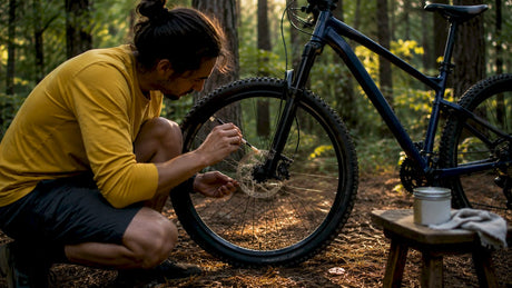 Cyclist applying reflective paint on bike rims outdoors