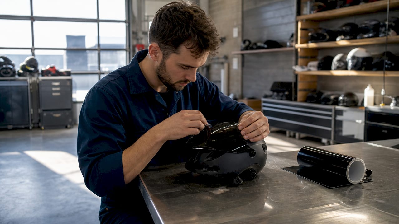 Gros plan sur un technicien en train de réparer la visière d’un casque