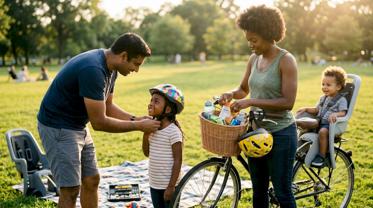 Family gearing up with bikes and helmets outdoors