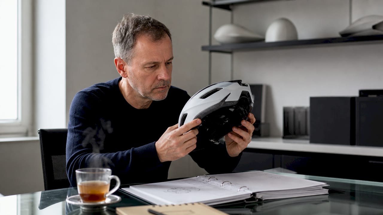 Un homme inspecte minutieusement un casque en vérifiant son certificat d’homologation.
