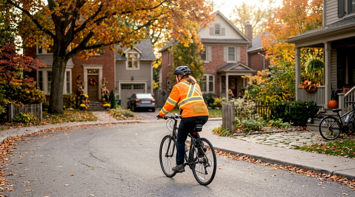 Cyclist wearing fluorescent reflective jacket outdoors