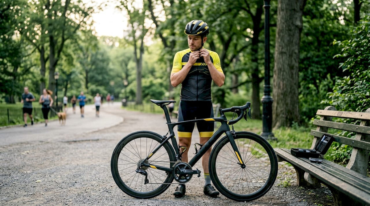 Cyclist wearing premium helmet with elite bike nearby