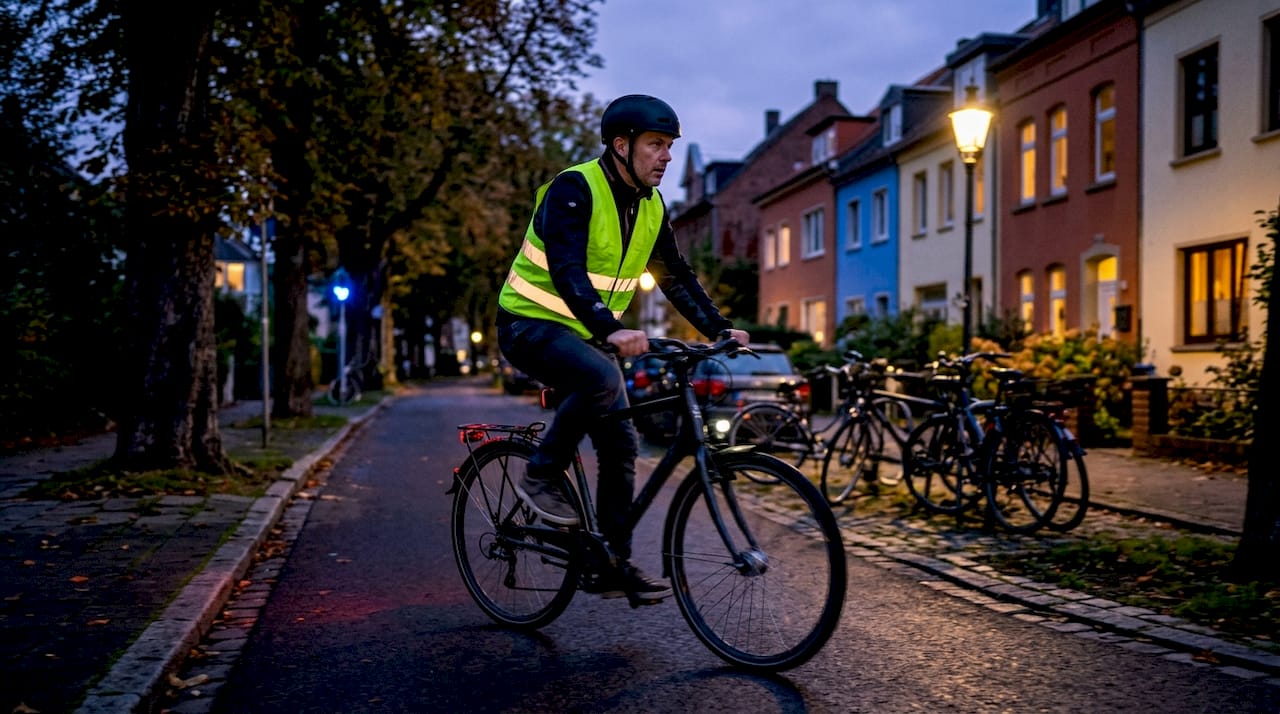 Un cycliste en ville, équipé d’un gilet fluorescent, circule à la tombée de la nuit.