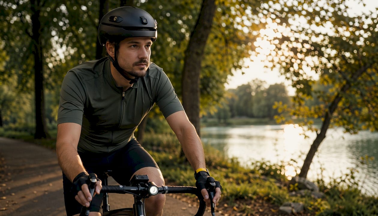 Cyclist riding with crash sensor helmet outdoors