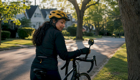 Cyclist adjusting bike mirror on urban street