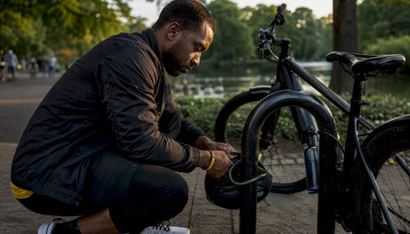 Man locking bike helmet to rack outdoors