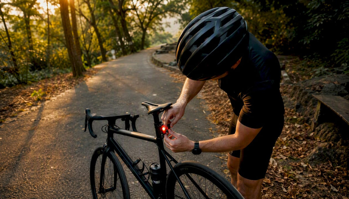 Cyclist adjusting smart rear bike light on bike