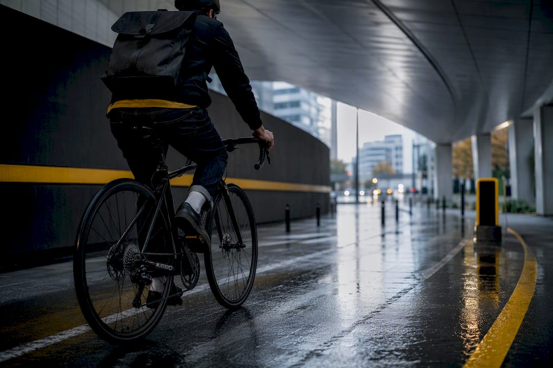 Cycliste urbain casqué sur piste cyclable