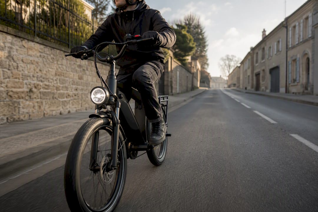 Speed-pedelec rider on a French road