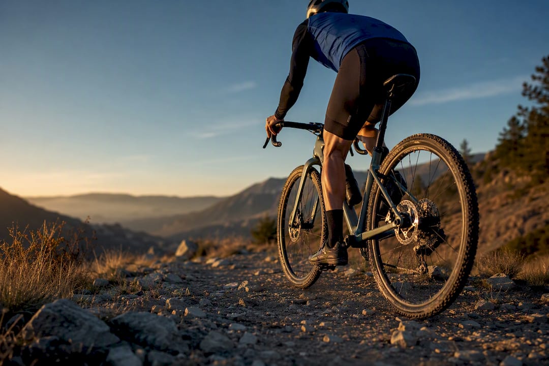 Cycliste en gravel sur un chemin caillouteux