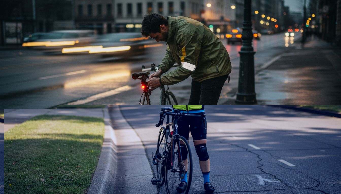 Cyclist adjusting helmet and gear roadside