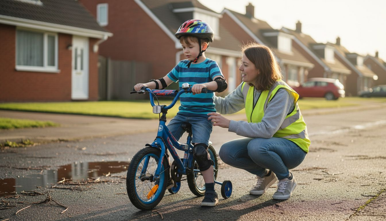 Avant de partir, une maman s’assure que le casque de son enfant est bien attaché pour garantir sa sécurité à vélo.