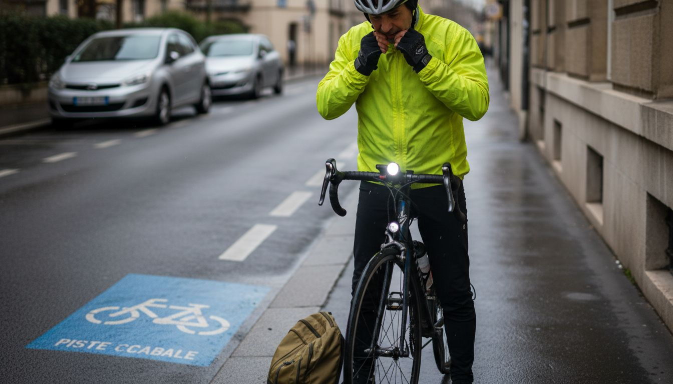 Un cycliste en ville ajuste son casque avant de prendre la route.