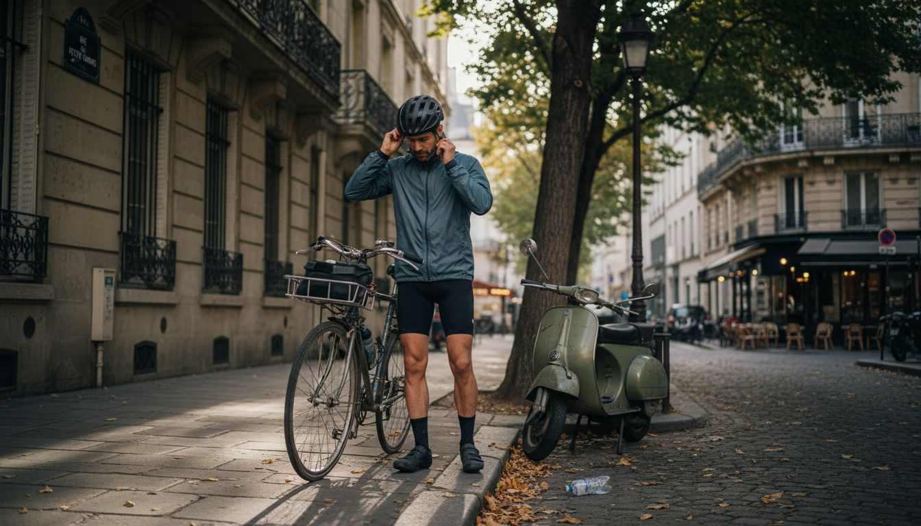 Un cycliste ajuste son casque sur un trottoir parisien.