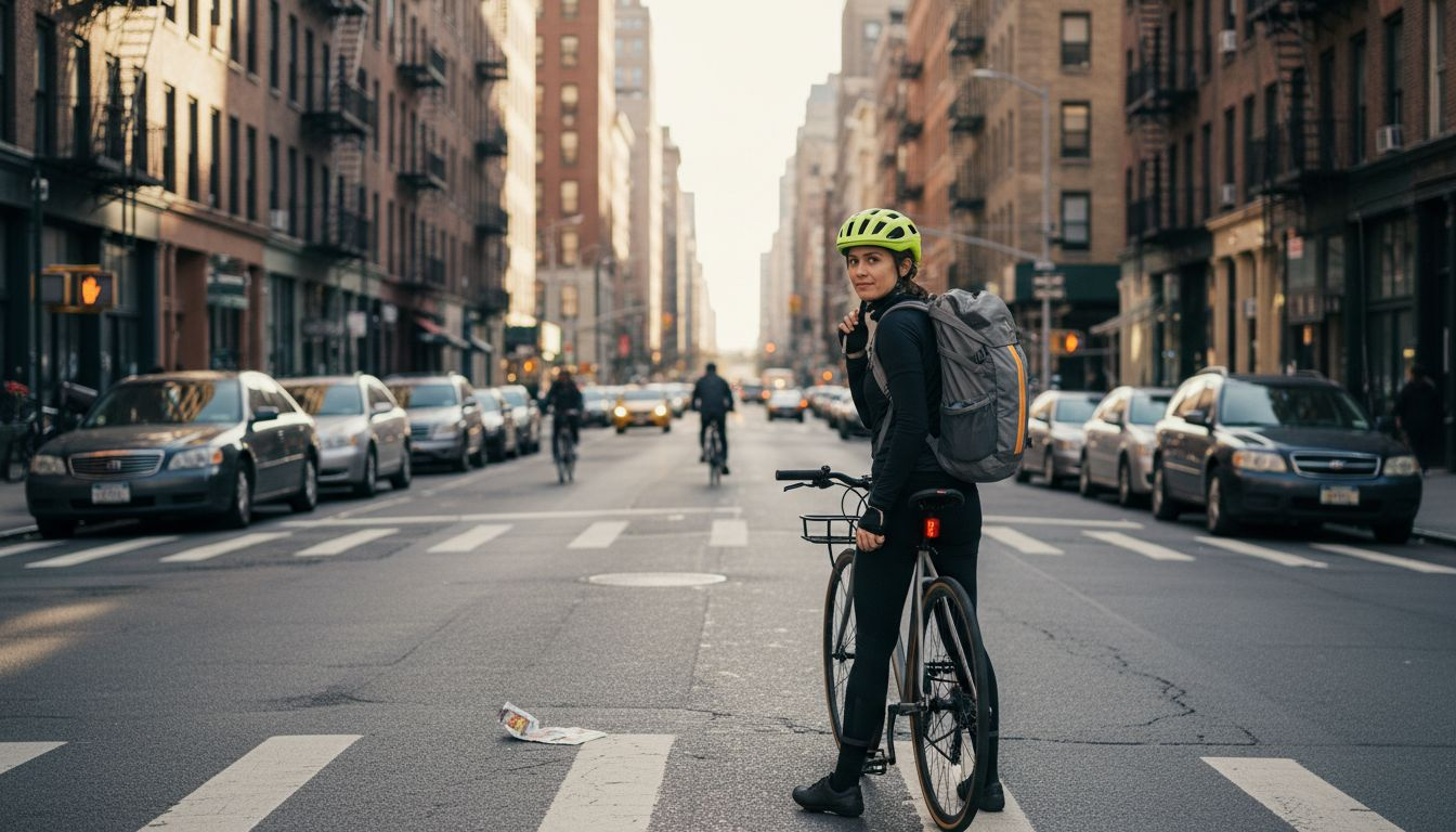 Urban cyclist adjusting helmet at city street