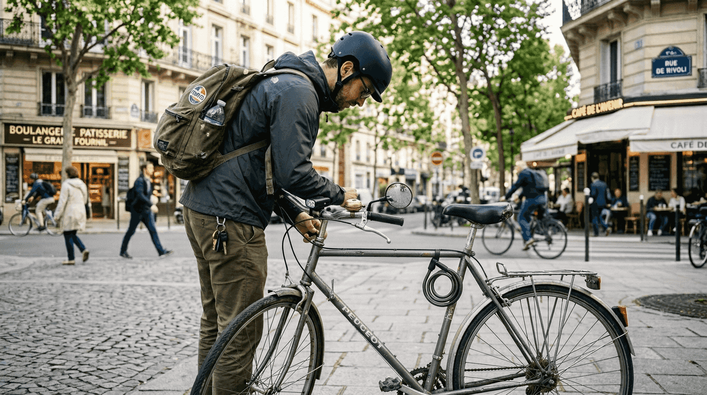 Un cycliste en ville prend le temps de régler les accessoires de son vélo avant de repartir.
