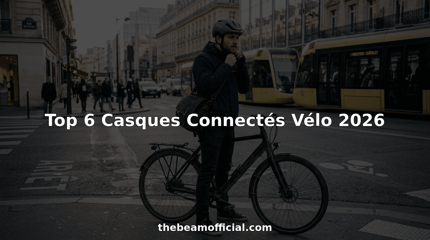 Un cycliste ajuste son casque connecté alors qu’il attend au feu rouge, au carrefour en pleine ville.
