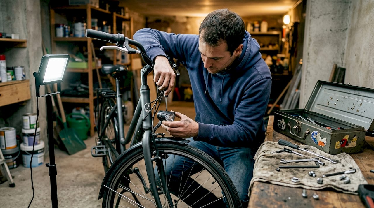 Un homme est en train de monter un phare avant sur son vélo dans le garage.