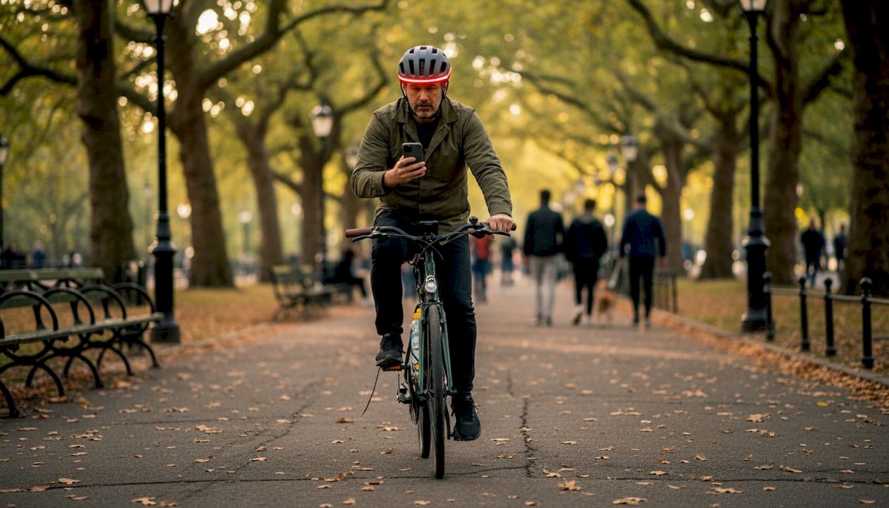 Cyclist with smart helmet riding in city park