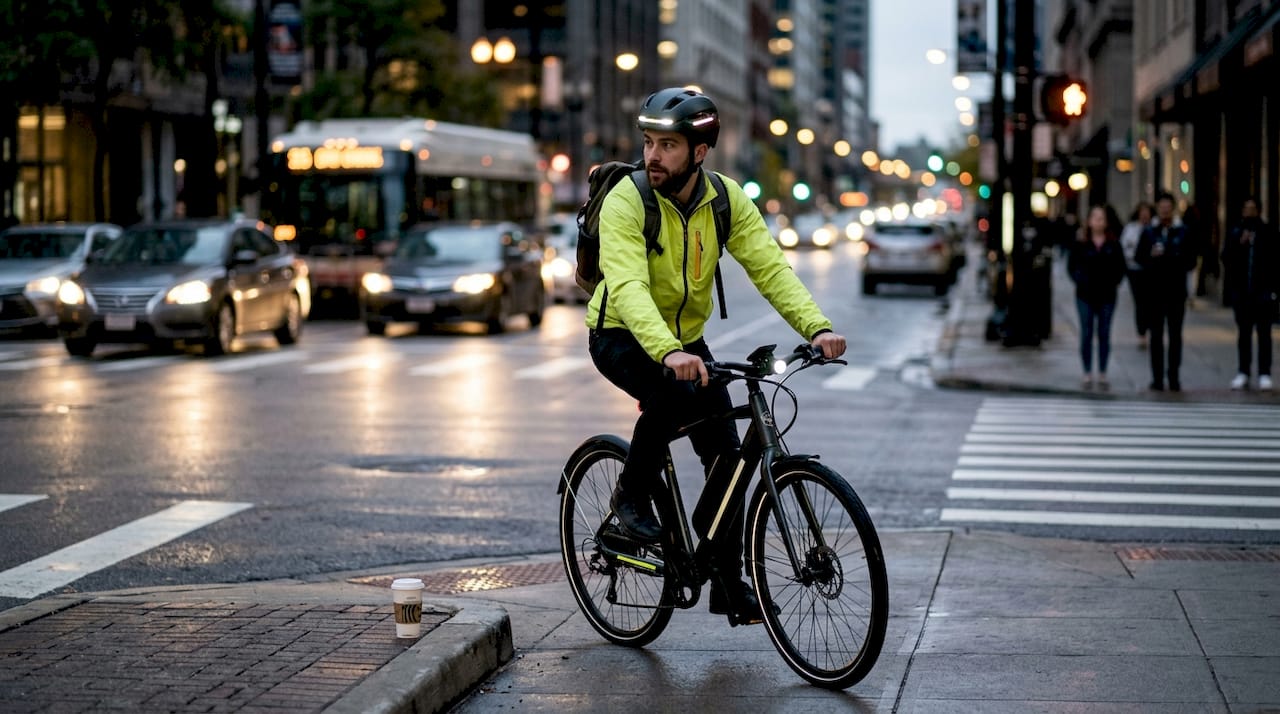 Cyclist riding through city at dusk with helmet lights