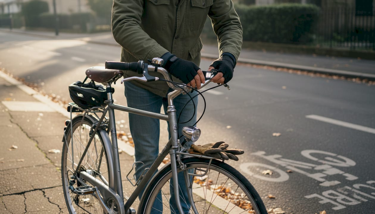 Un cycliste équipe son vélo de ville d’un éclairage pour rouler en toute sécurité.