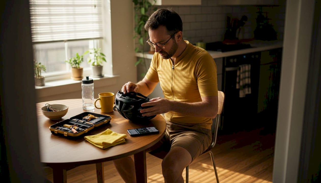 Cyclist inspects helmet at kitchen table