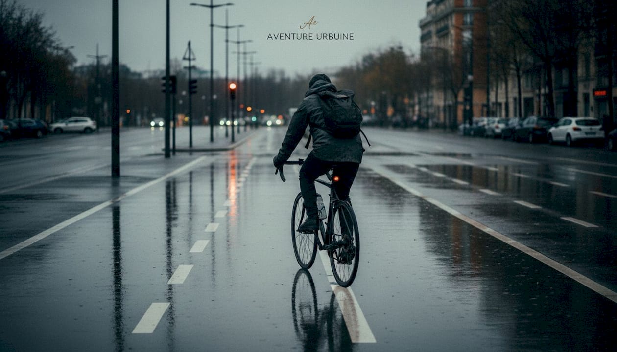 Un cycliste traverse la ville sous une pluie battante, pédalant prudemment sur la chaussée détrempée.