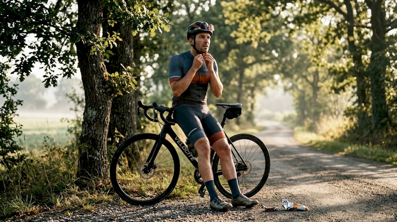 Un cycliste ajuste son casque à proximité d'une piste cyclable.