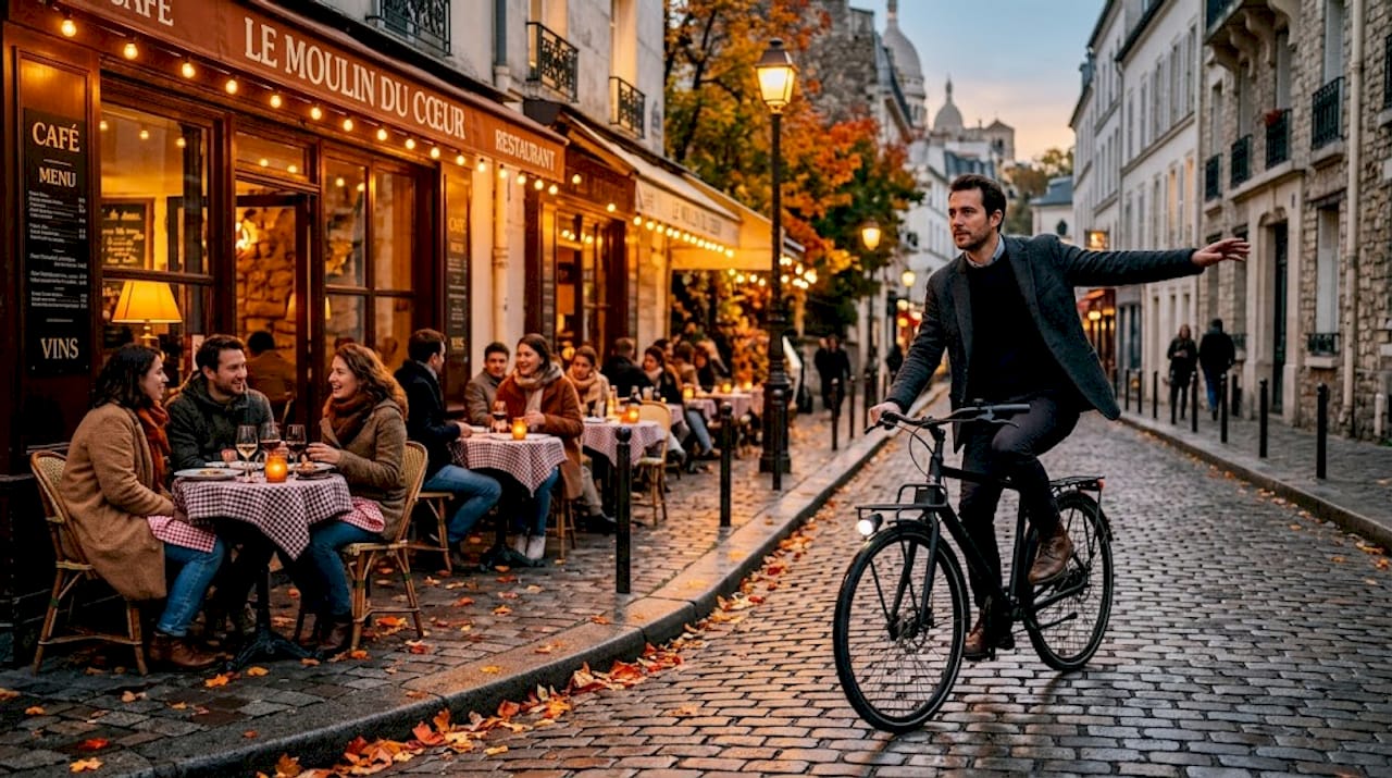 Un cycliste indique sa direction sur une rue en ville, tôt le matin.