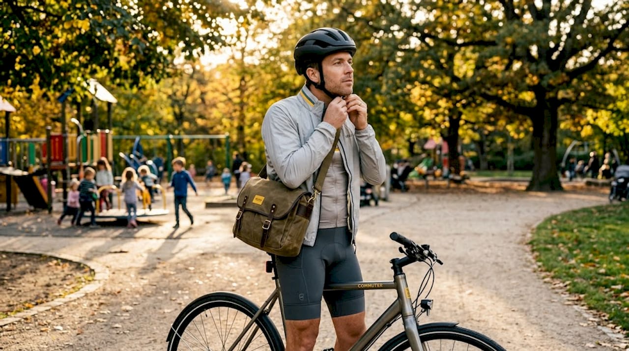 Urban cyclist adjusting modern helmet in park